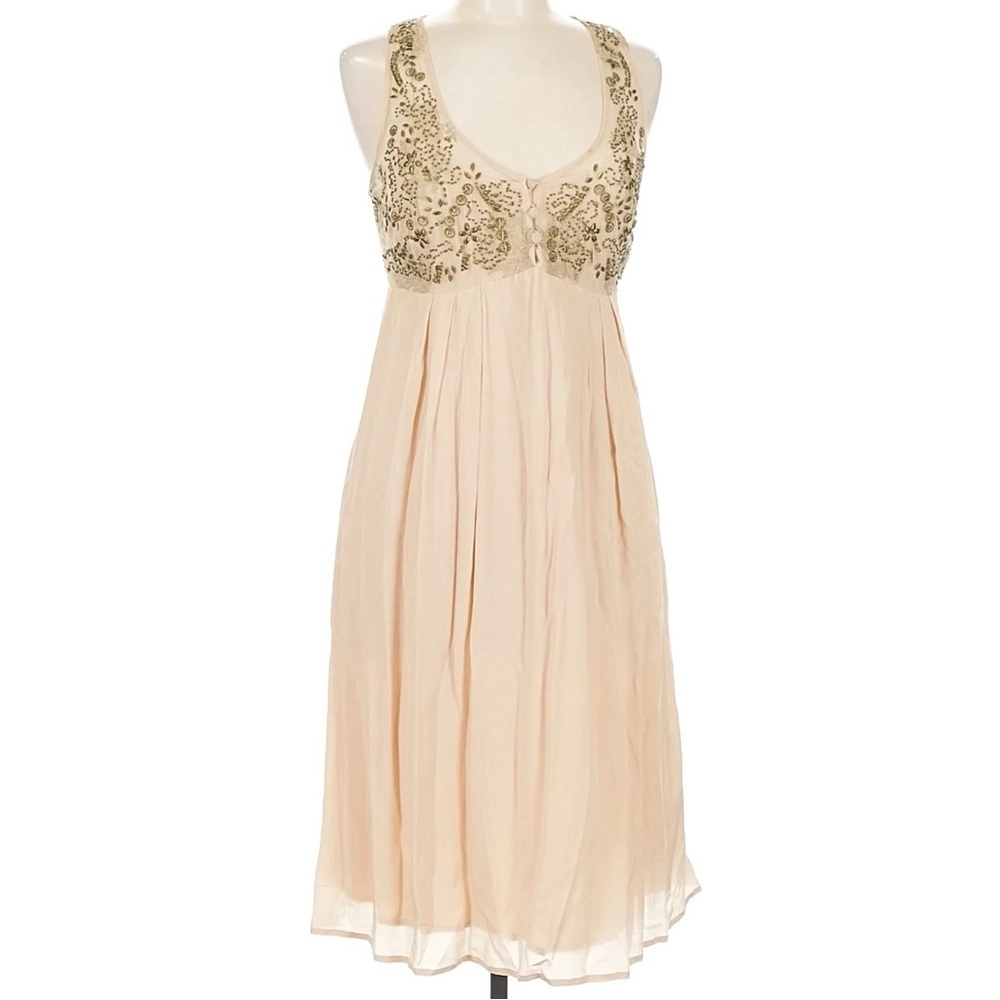 Anthropologie Cream and Gold Embellished Midi Dress